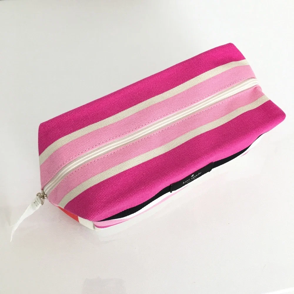 Kate Spade Pink Multi Striped Cosmetic Bag Makeup Zipper Bag Cotton Canvas NWOT